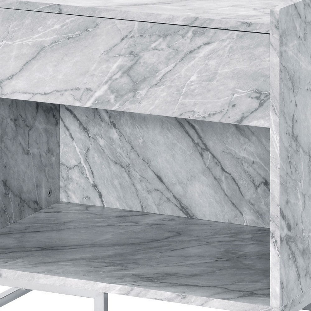 Faux Marble Accent Table with Chrome Finish, White - BM250334