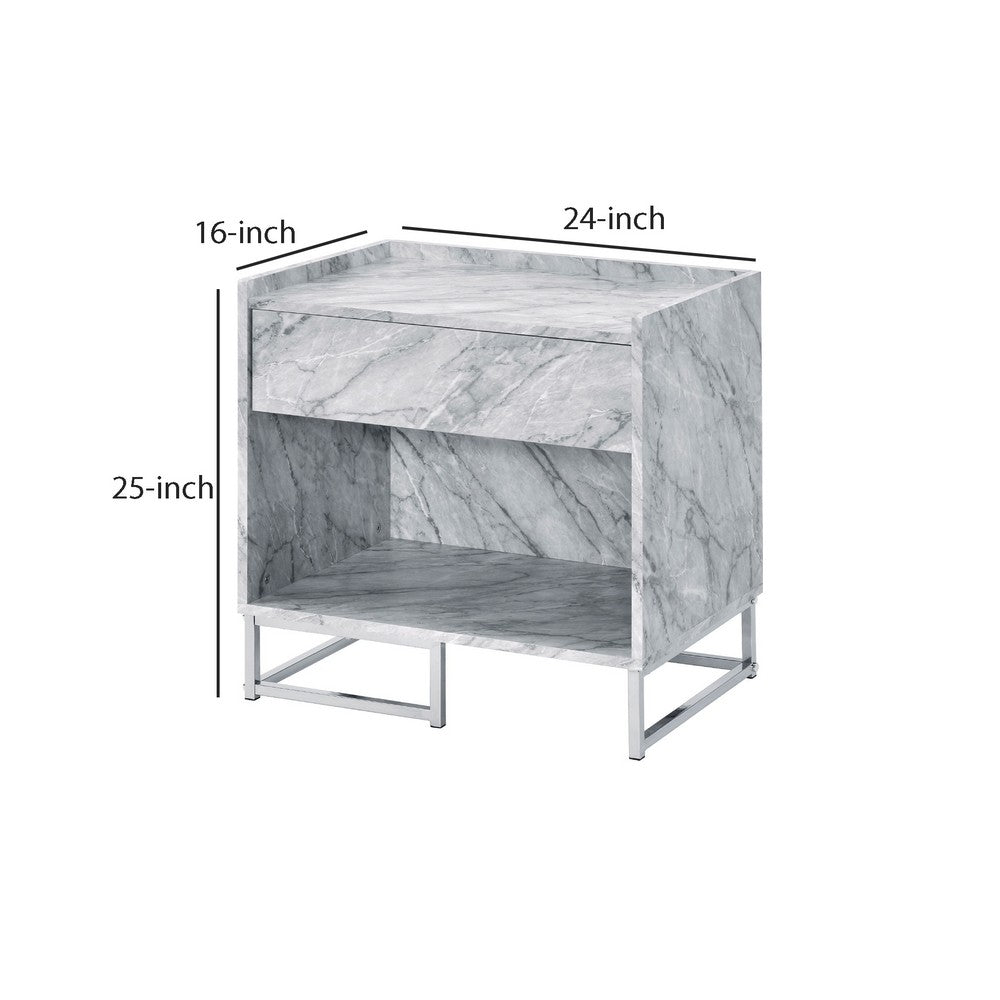 Faux Marble Accent Table with Chrome Finish, White - BM250334