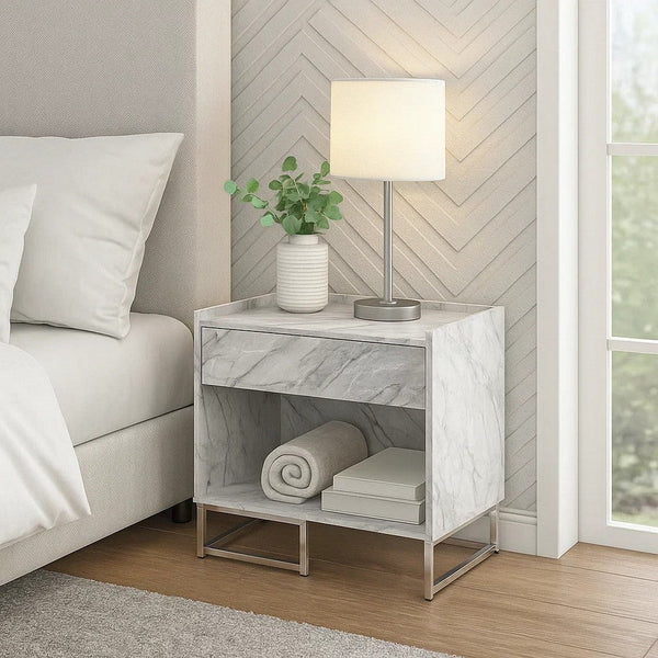 Faux Marble Accent Table with Chrome Finish, White - BM250334