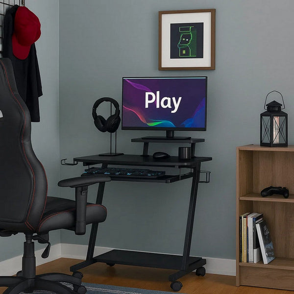 Gaming Desk with Metal Frame and Casters, Black - BM250361