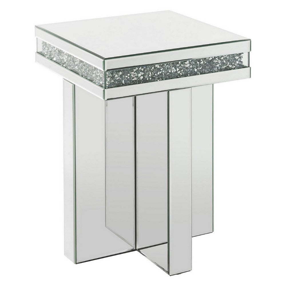 End Table with Encrusted Faux Acrylic Inlay and Cross Base, Silver - BM250368