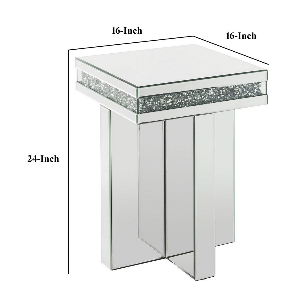 End Table with Encrusted Faux Acrylic Inlay and Cross Base, Silver - BM250368