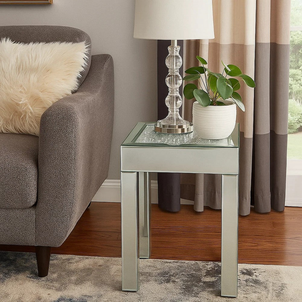 End Table with Faux Acrylic Diamond Top and Block Legs, Silver - BM250372