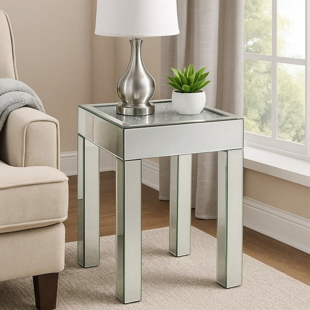 End Table with Faux Acrylic Diamond Top and Block Legs, Silver - BM250372