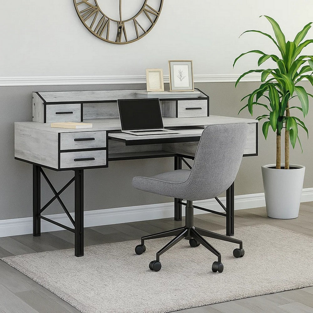 Computer Desk with 5 Drawers and Grains, Antique White and Black - BM250379