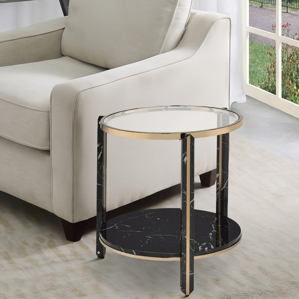 End Table with Glass Top and Faux Marble Shelf, Black and Gold - BM250391