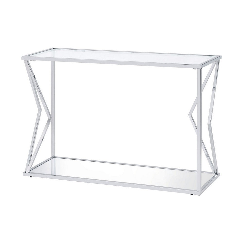 Sofa Table with Glass Top and Bottom Shelf and Geometric Accent, Silver - BM250392
