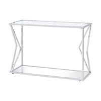 Sofa Table with Glass Top and Bottom Shelf and Geometric Accent, Silver - BM250392
