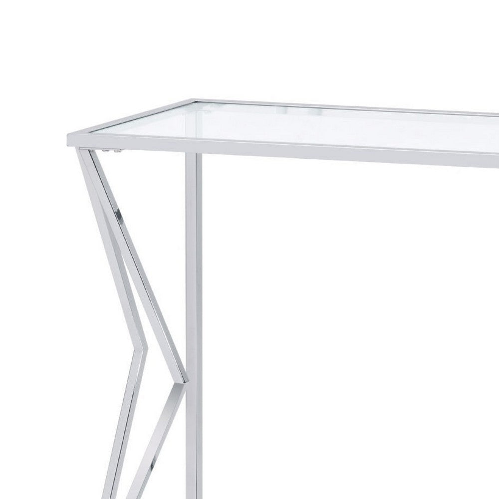 Sofa Table with Glass Top and Bottom Shelf and Geometric Accent, Silver - BM250392