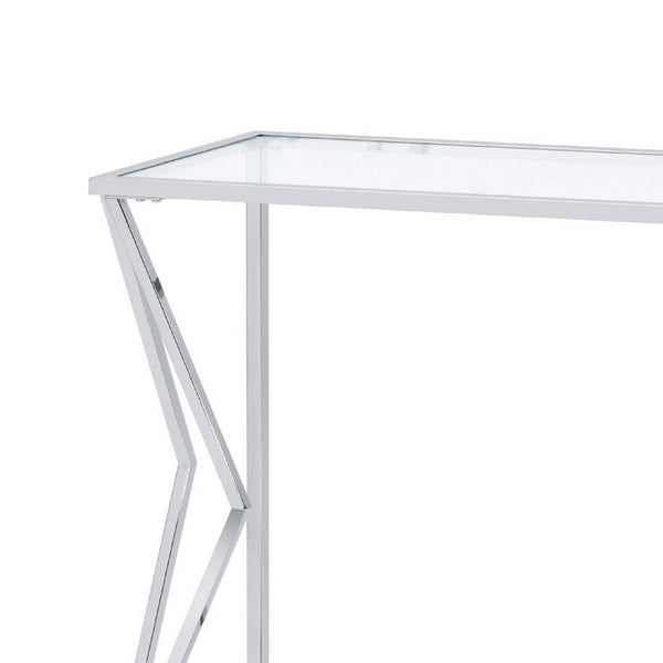 Sofa Table with Glass Top and Bottom Shelf and Geometric Accent, Silver - BM250392