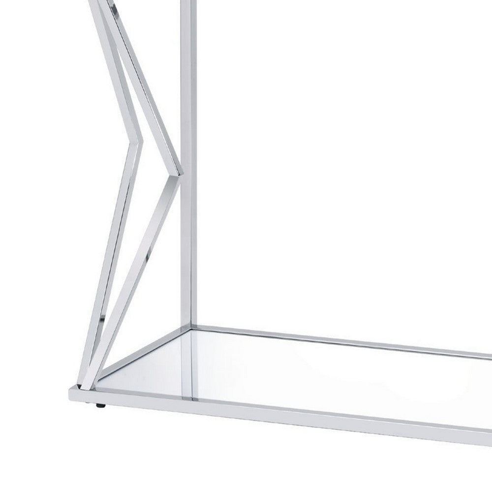 Sofa Table with Glass Top and Bottom Shelf and Geometric Accent, Silver - BM250392