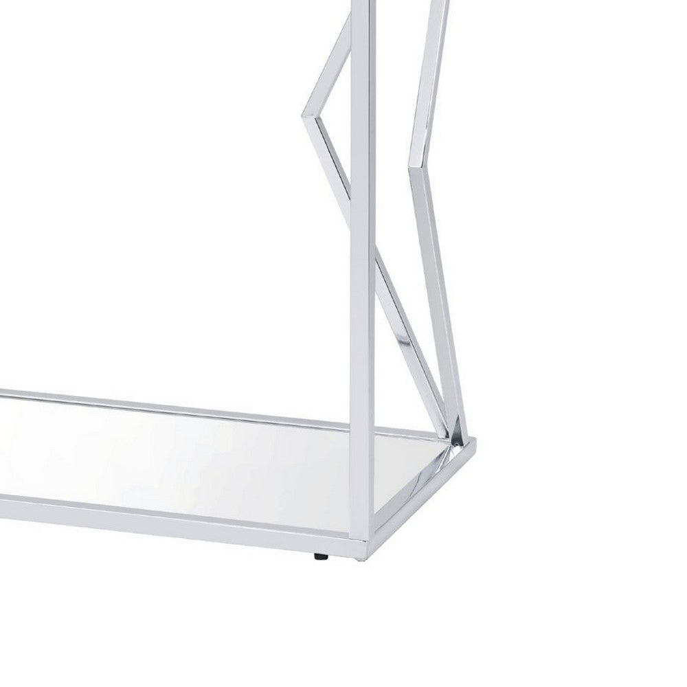 Sofa Table with Glass Top and Bottom Shelf and Geometric Accent, Silver - BM250392