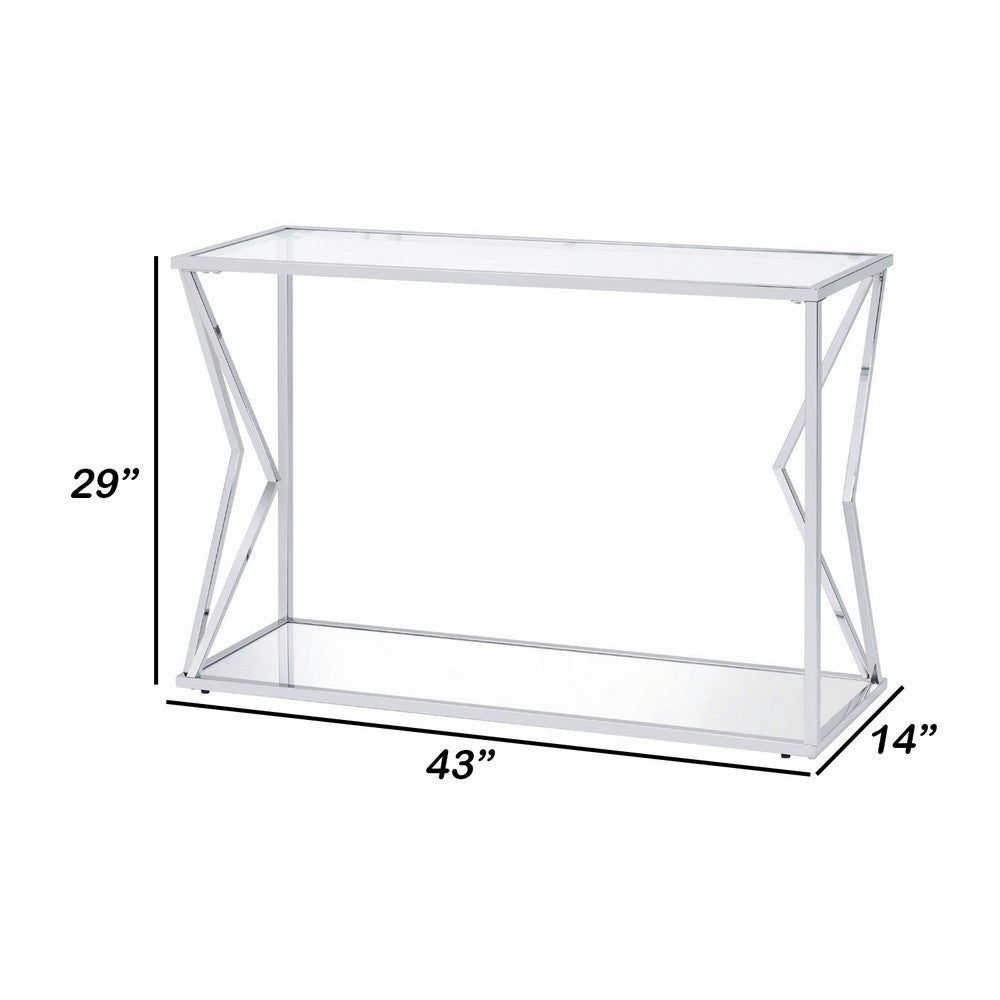 Sofa Table with Glass Top and Bottom Shelf and Geometric Accent, Silver - BM250392