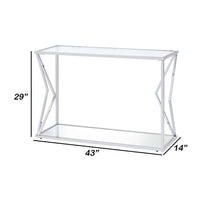 Sofa Table with Glass Top and Bottom Shelf and Geometric Accent, Silver - BM250392