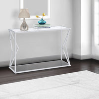 Sofa Table with Glass Top and Bottom Shelf and Geometric Accent, Silver - BM250392