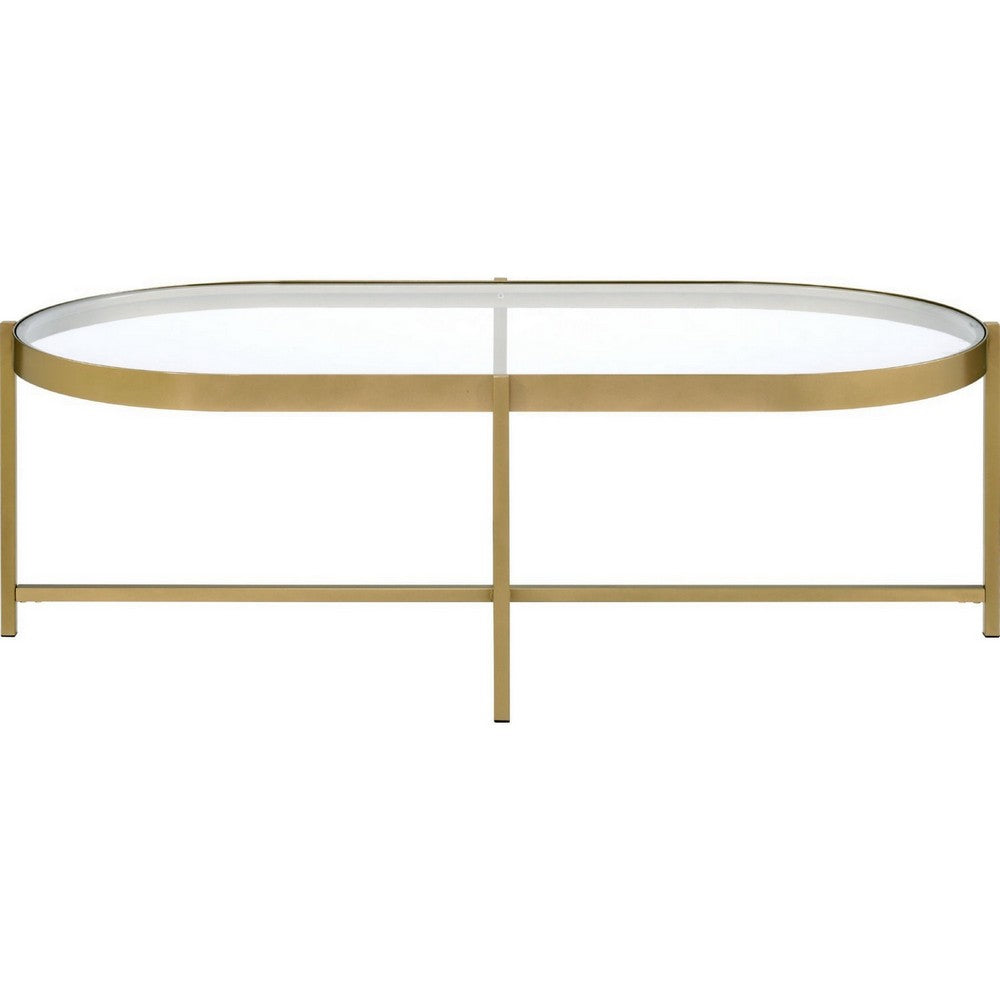 Coffee Table with Oblong Glass Top and Metal Frame, Gold - BM250407