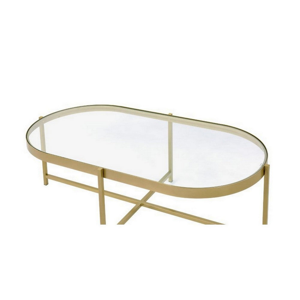 Coffee Table with Oblong Glass Top and Metal Frame, Gold - BM250407