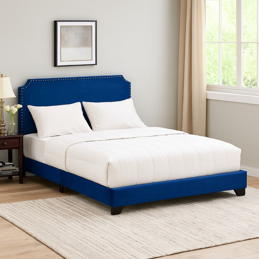Queen Bed with Platform Style and Nailhead Trim, Blue - BM250409