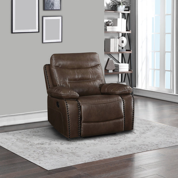 Leatherette Power Recliner with Nailhead Trim Accent, Brown - BM250552