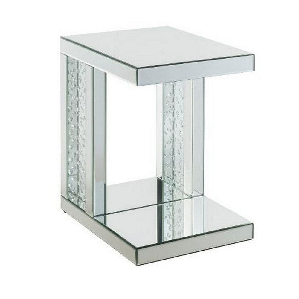 Mirrored Accent Table with C Shape and Faux Crystals, Silver - BM250644