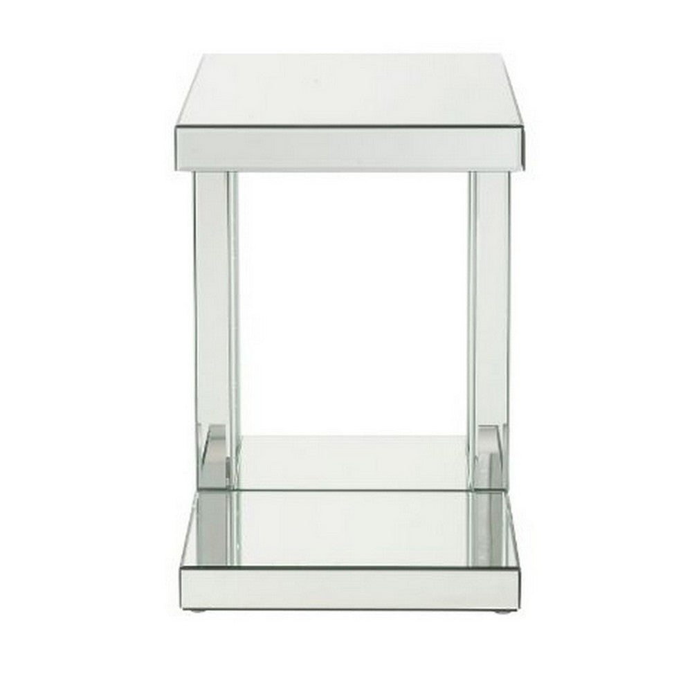 Mirrored Accent Table with C Shape and Faux Crystals, Silver - BM250644