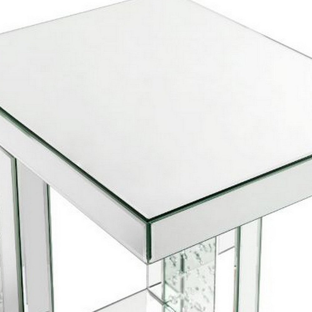 Mirrored Accent Table with C Shape and Faux Crystals, Silver - BM250644