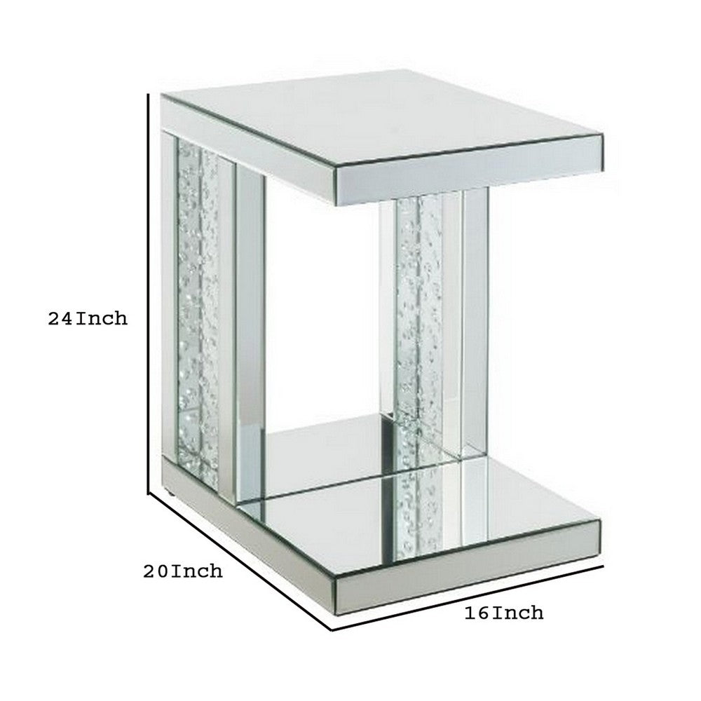 Mirrored Accent Table with C Shape and Faux Crystals, Silver - BM250644