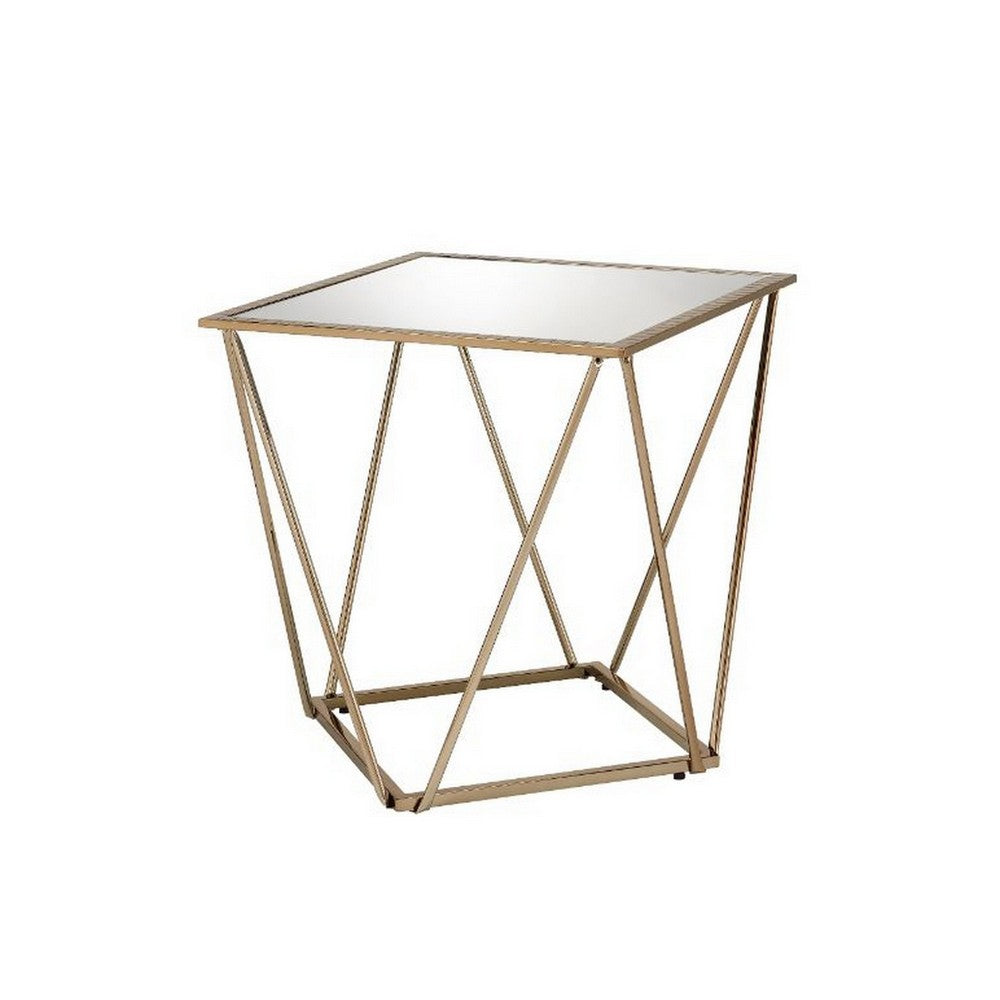 End Table with Mirror Top and Open Geometric Base, Champagne Gold - BM250672