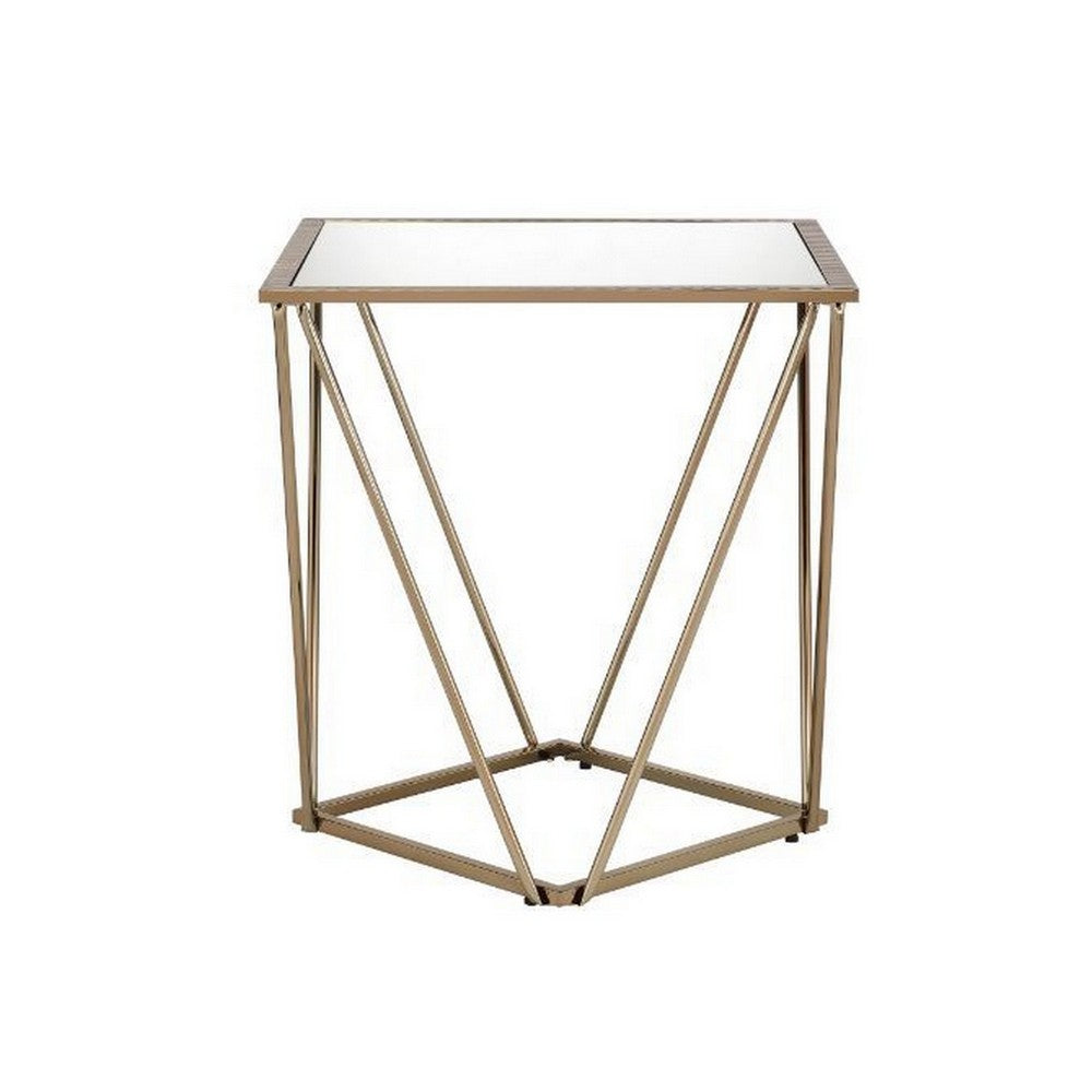 End Table with Mirror Top and Open Geometric Base, Champagne Gold - BM250672