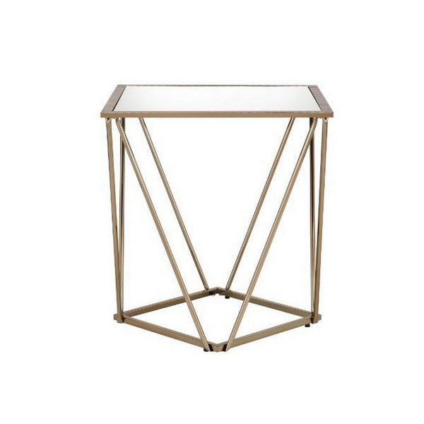 End Table with Mirror Top and Open Geometric Base, Champagne Gold - BM250672