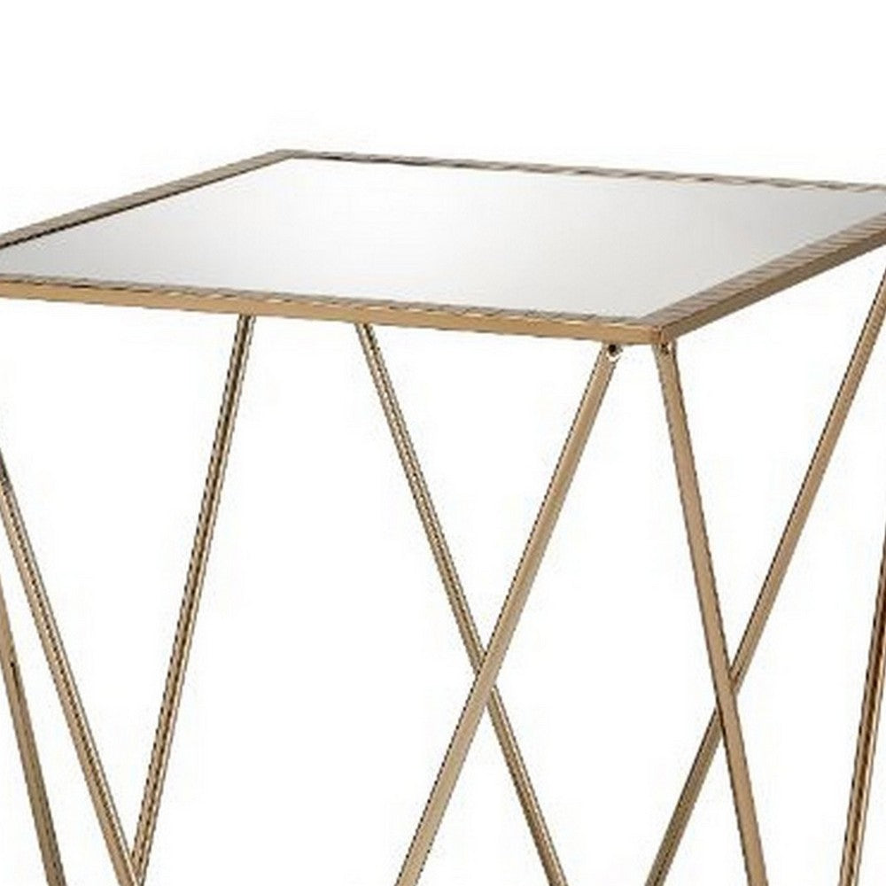 End Table with Mirror Top and Open Geometric Base, Champagne Gold - BM250672