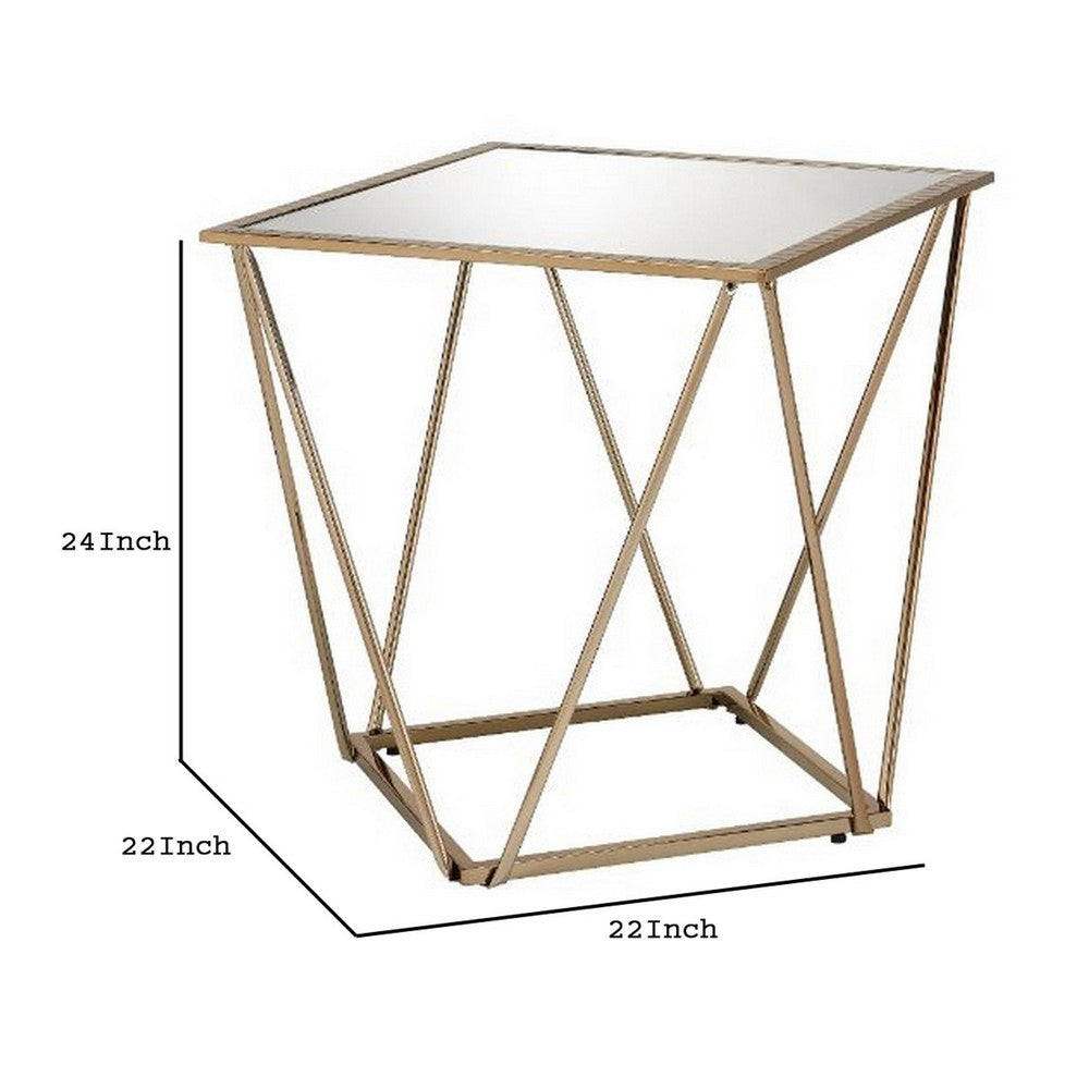 End Table with Mirror Top and Open Geometric Base, Champagne Gold - BM250672