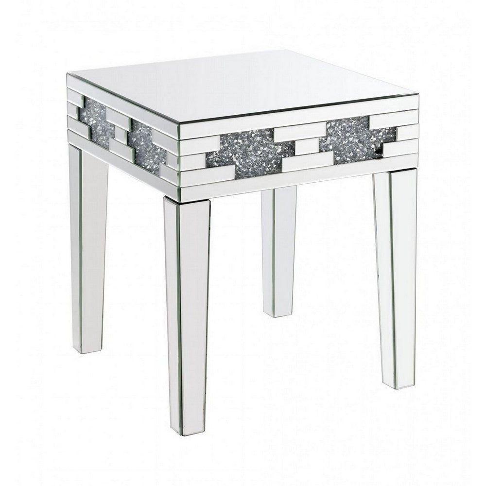 End Table with Mirror Panel Framing and Faux Diamonds, Silver - BM250673