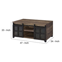 Coffee Table with 2 Barn Sliding Glass Doors and Pull Out Tray, Brown - BM250675