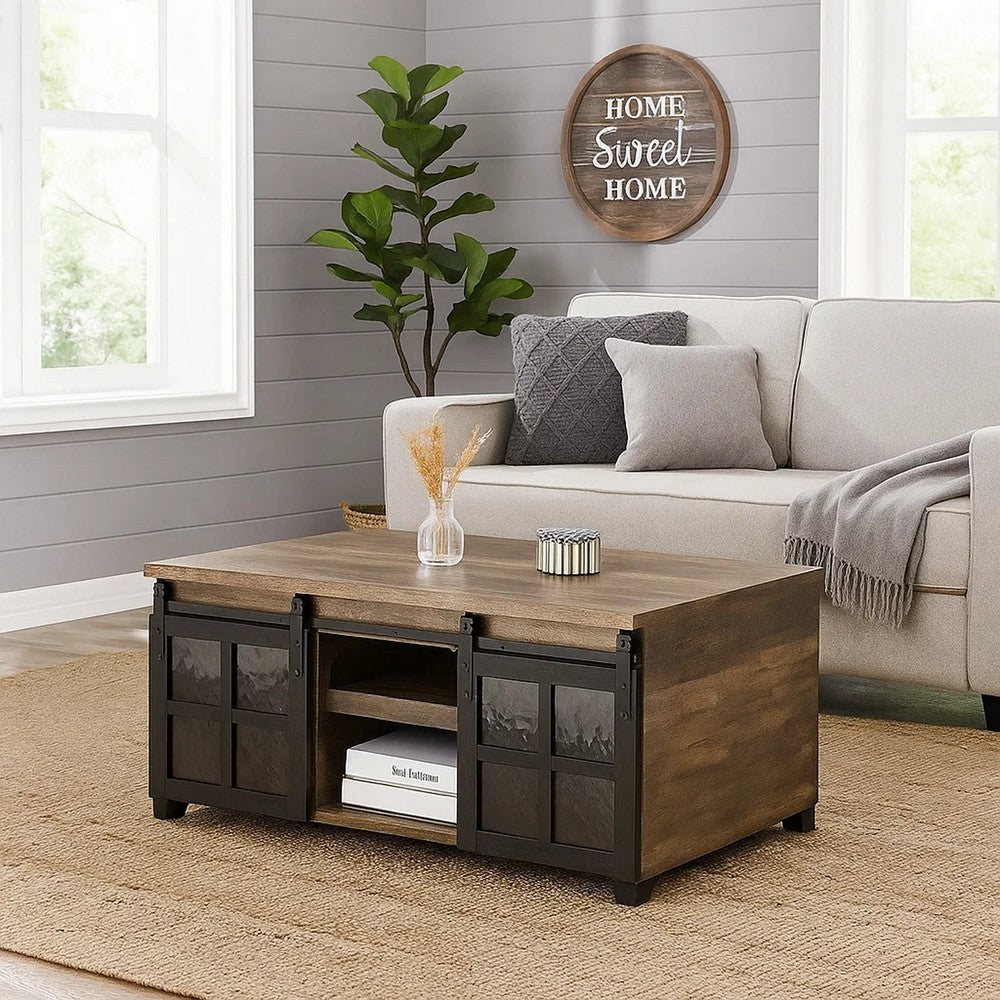 Coffee Table with 2 Barn Sliding Glass Doors and Pull Out Tray, Brown - BM250675