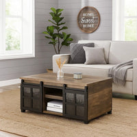 Coffee Table with 2 Barn Sliding Glass Doors and Pull Out Tray, Brown - BM250675