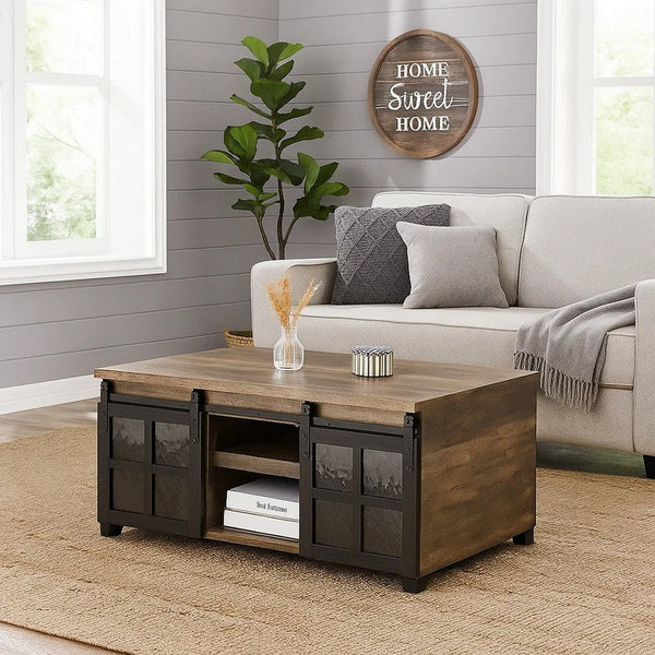 Coffee Table with 2 Barn Sliding Glass Doors and Pull Out Tray, Brown - BM250675