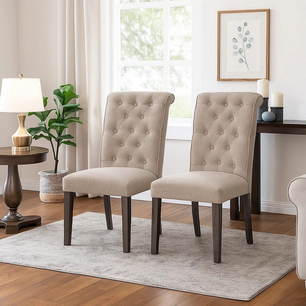 Side Chair with Button Tufted Backrest, Set of 2, Beige - BM251116