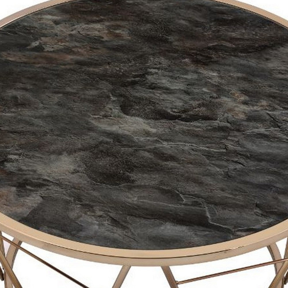 Coffee Table with Glass Top and Geometric Frame, Black and Gold - BM251129