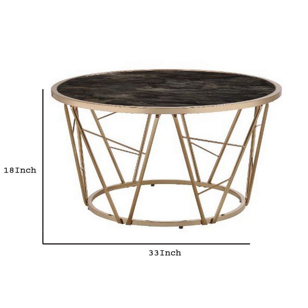 Coffee Table with Glass Top and Geometric Frame, Black and Gold - BM251129