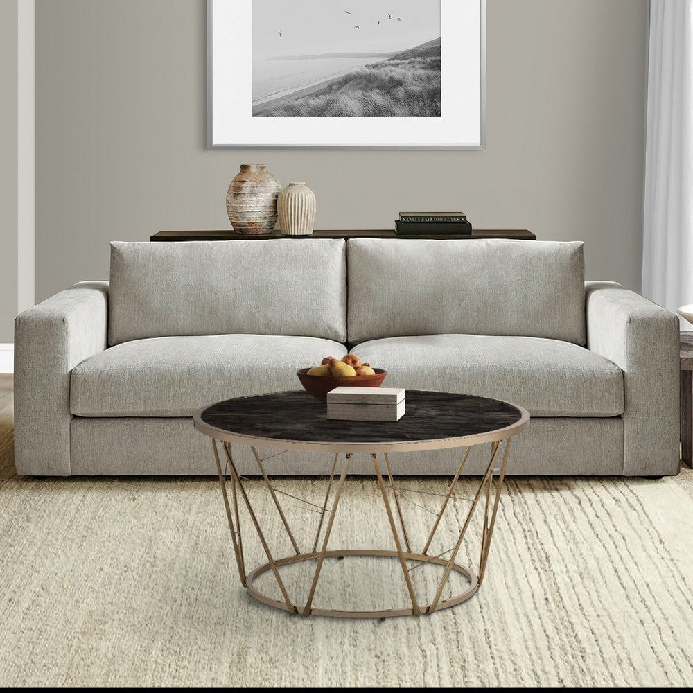 Coffee Table with Glass Top and Geometric Frame, Black and Gold - BM251129