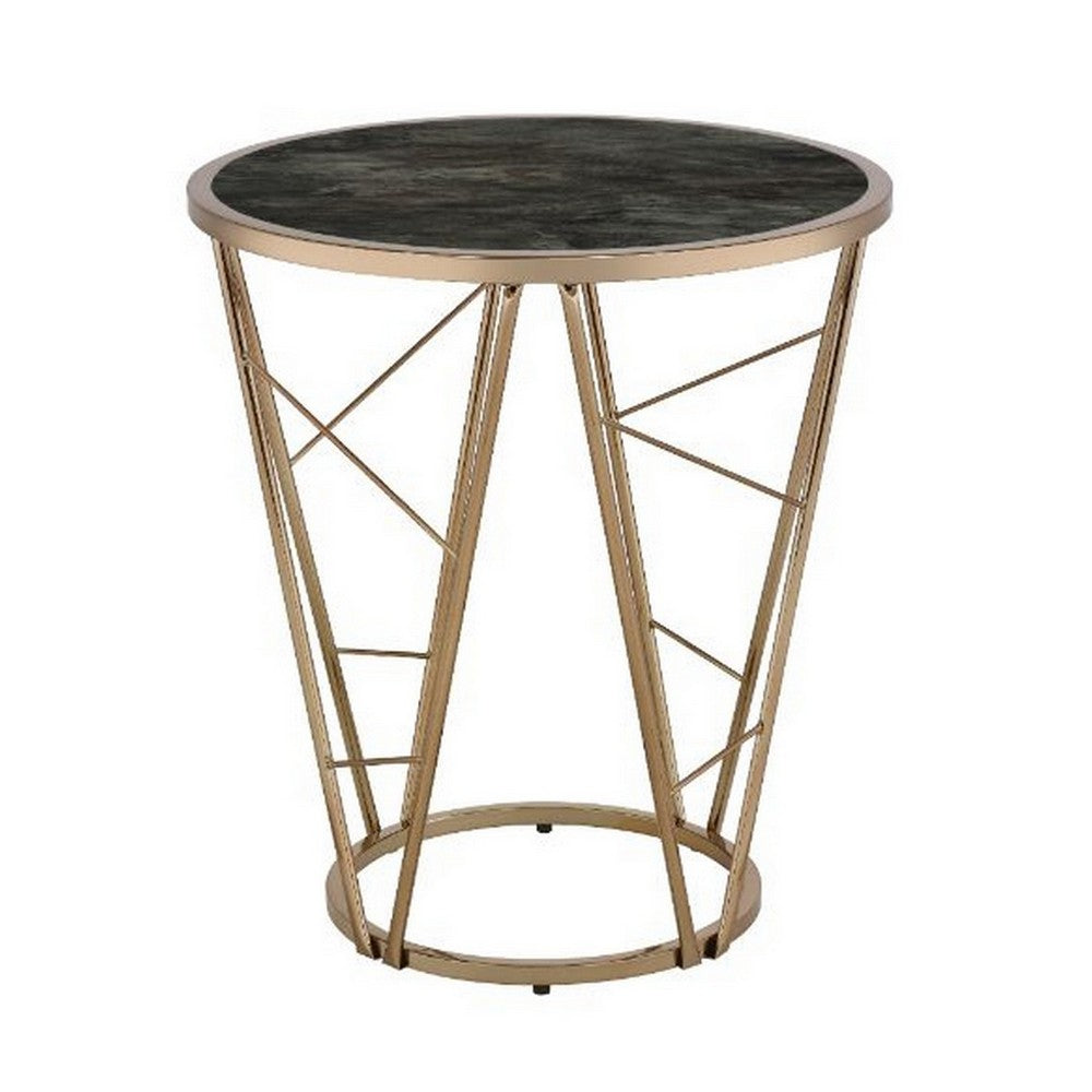End Table with Glass Top and Geometric Frame, Black and Gold - BM251130