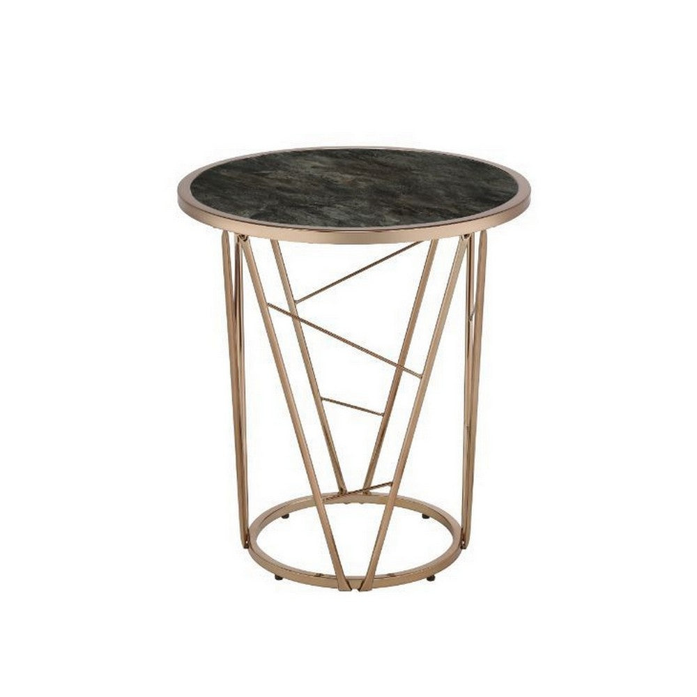 End Table with Glass Top and Geometric Frame, Black and Gold - BM251130
