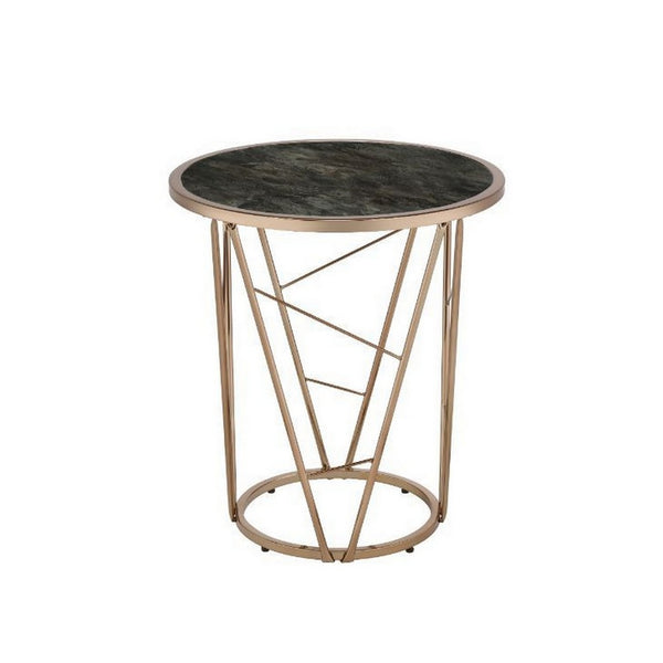 End Table with Glass Top and Geometric Frame, Black and Gold - BM251130