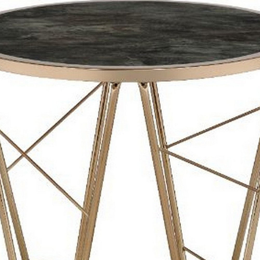 End Table with Glass Top and Geometric Frame, Black and Gold - BM251130