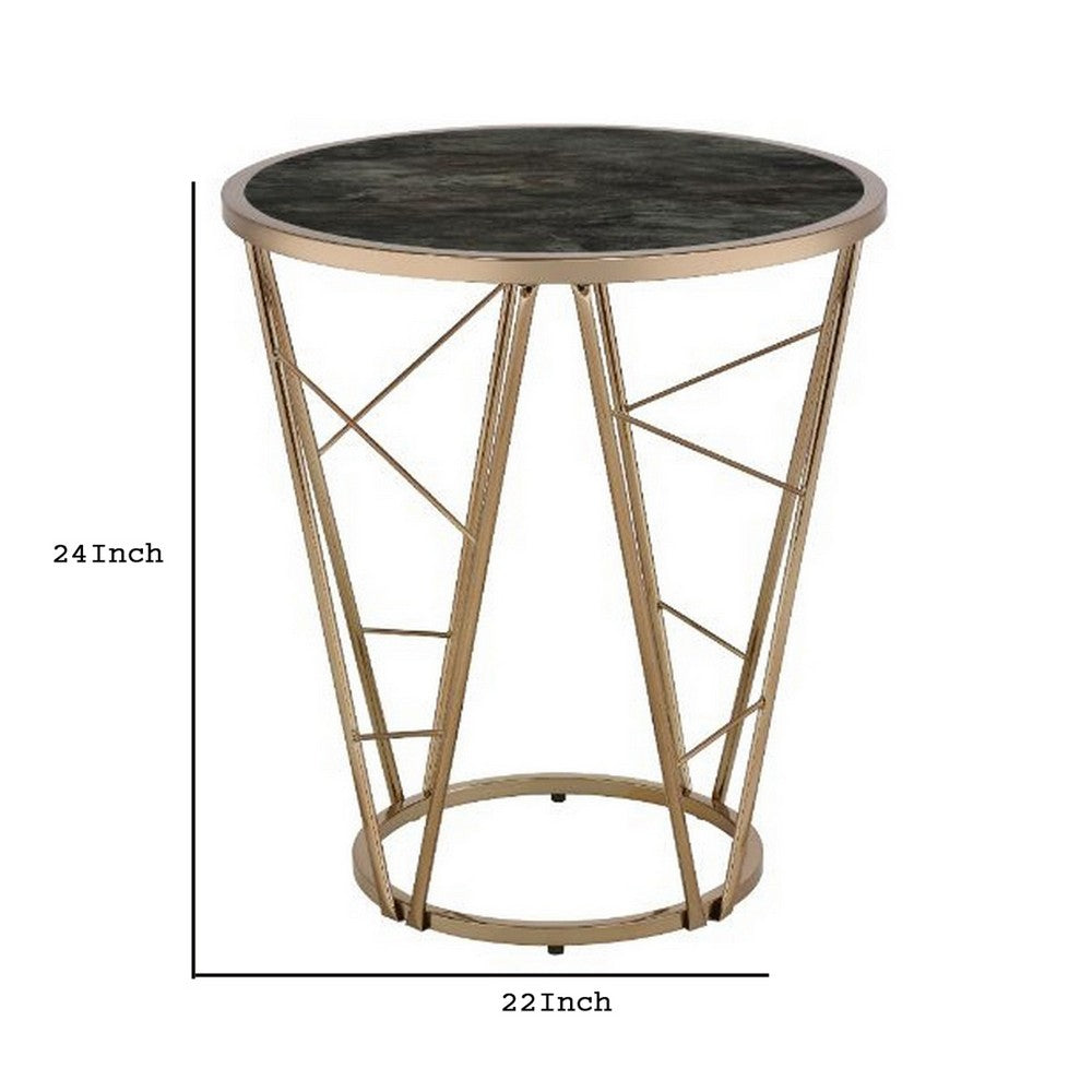 End Table with Glass Top and Geometric Frame, Black and Gold - BM251130