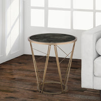 End Table with Glass Top and Geometric Frame, Black and Gold - BM251130