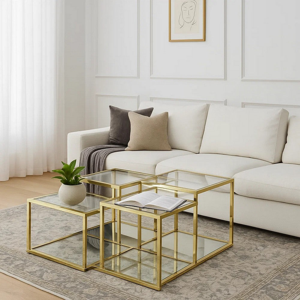 Coffee Table with Glass Top and Tubular Frame, Gold - BM251131