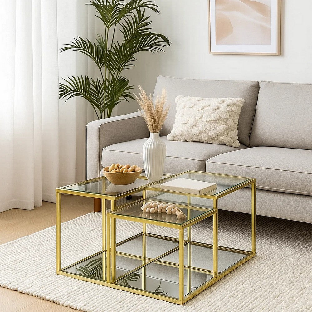Coffee Table with Glass Top and Tubular Frame, Gold - BM251131