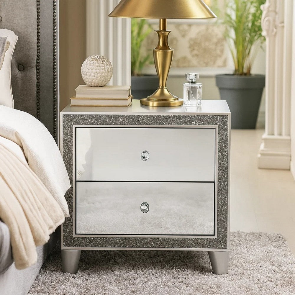 Nightstand with Mirrored Front 2 Drawers, Champagne Silver - BM251144